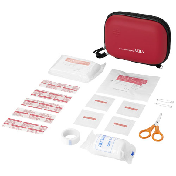 angled display of contents of 16 piece first aid kit