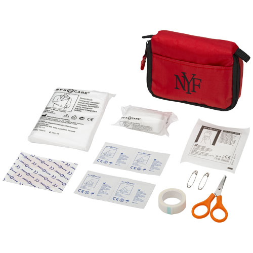 angled display of contents of 19 piece first aid kit