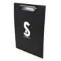 Black clipboard printed with a logo on one side