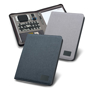 A4 imitation leather notepad organiser in navy with rubber finish closed and open