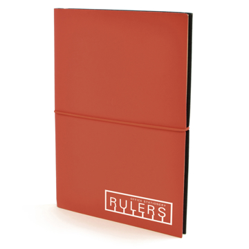 A5 centre PU notebook in red with black elastic closure strap in the middle and 1 colour print logo