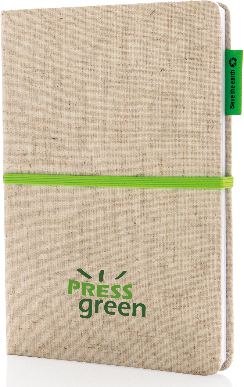 A5 Cotton Notebook in natural with green ribbon, elastic closure strap and label with 2 colour print logo on the front of book