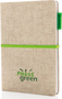 A5 Cotton Notebook in natural with green ribbon, elastic closure strap and label with 2 colour print logo on the front of book