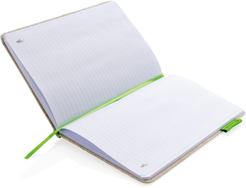 A5 Cotton Notebook  with green ribbon, elastic closure strap and label and white lined pages