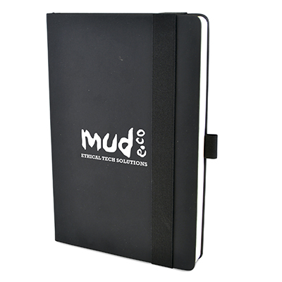 A5 maxi mole notebook in black with colour matching elastic closure strap and pen loop. 1 colour print logo
