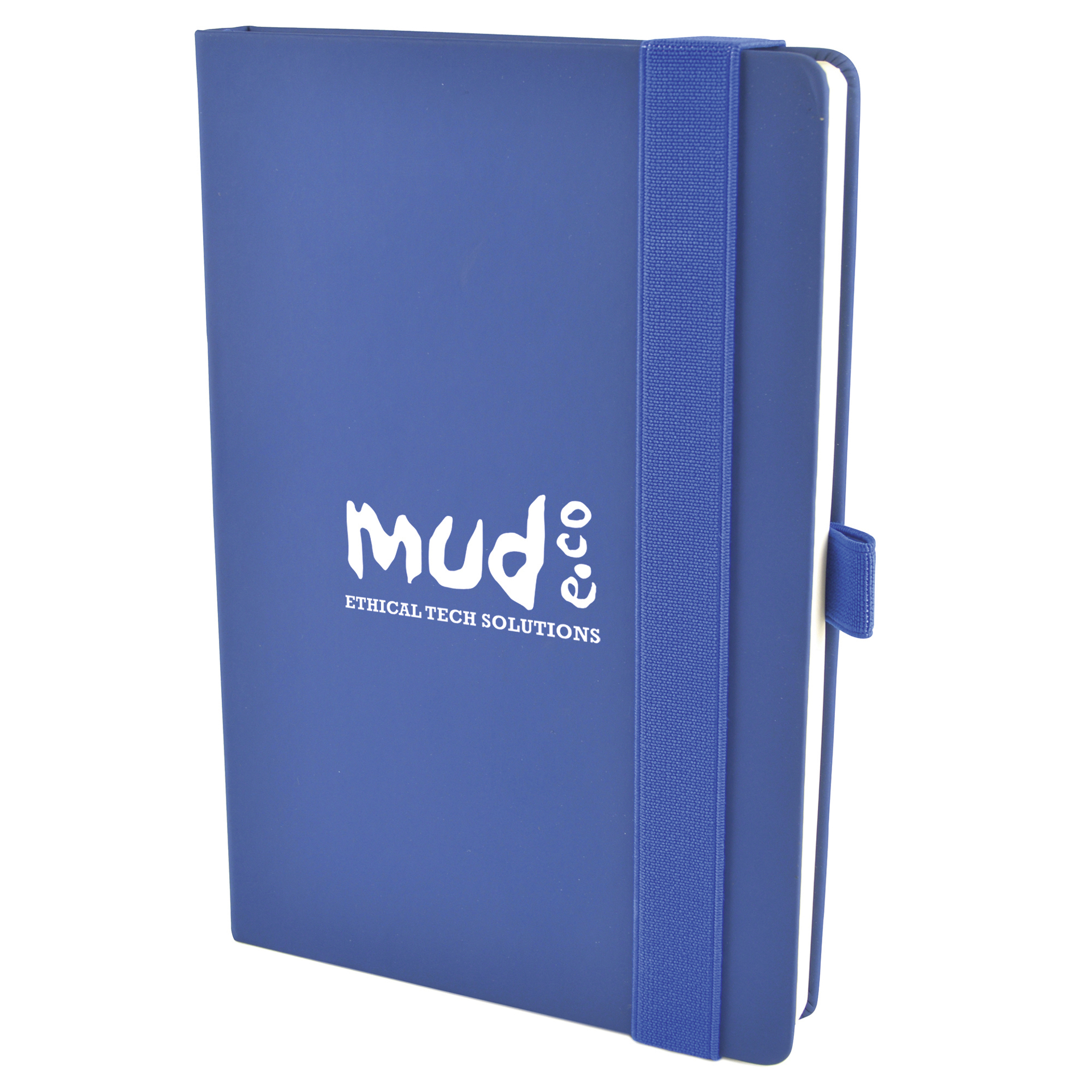 A5 maxi mole notebook in blue with colour matching elastic closure strap and pen loop. 1 colour print logo