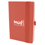 A5 maxi mole notebook in red with colour matching elastic closure strap and pen loop. 1 colour print logo