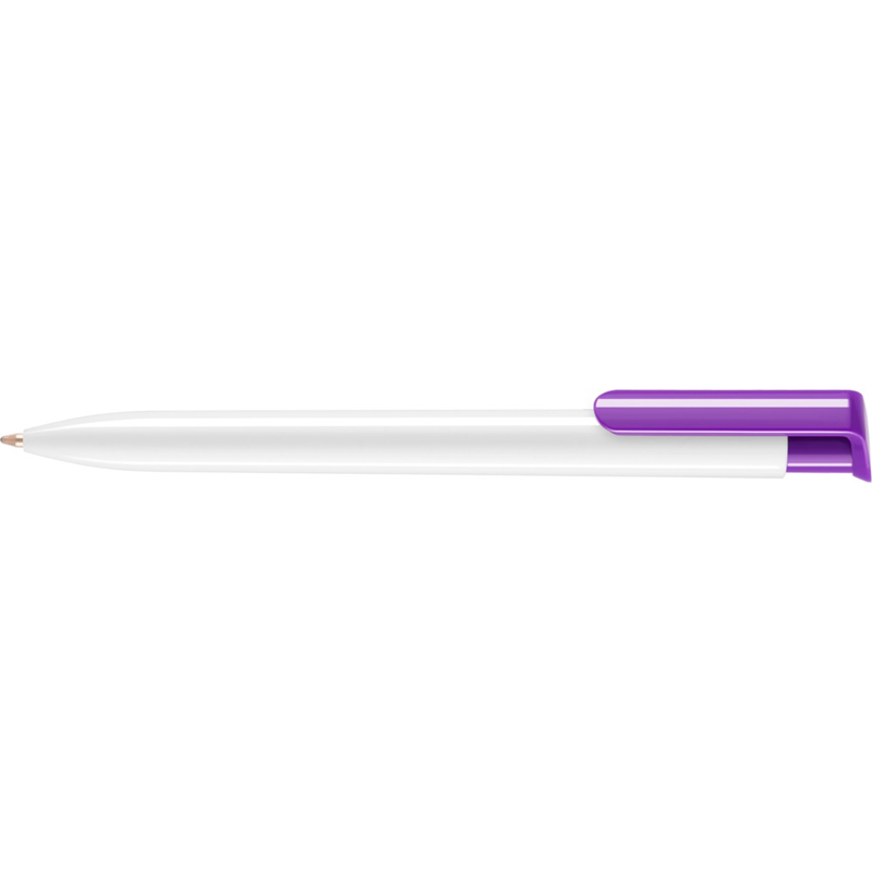 Plastic ballpen in white with purple clip