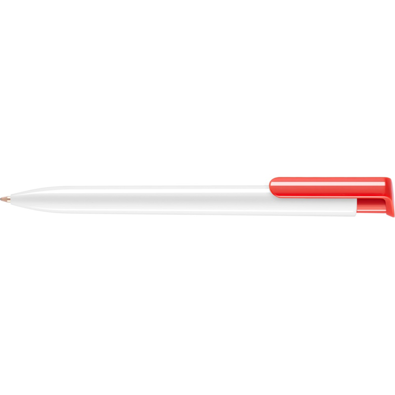Plastic pen in white with red push action clip