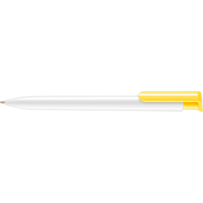plastic ballpen in white with yellow push button clip
