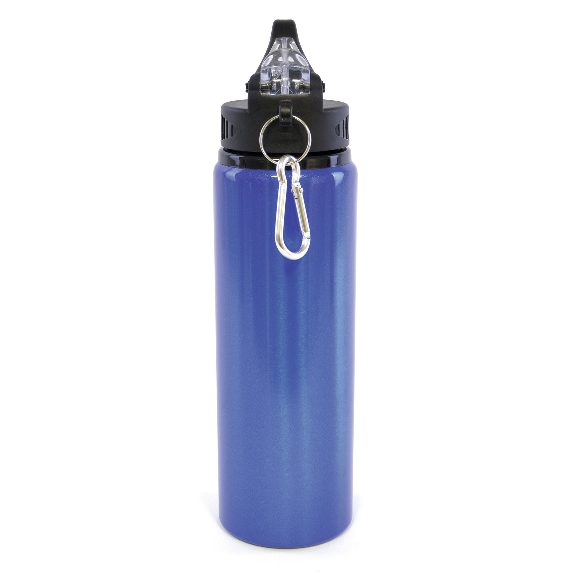 Blue metal drinking bottle with flip down straw and carabiner hook