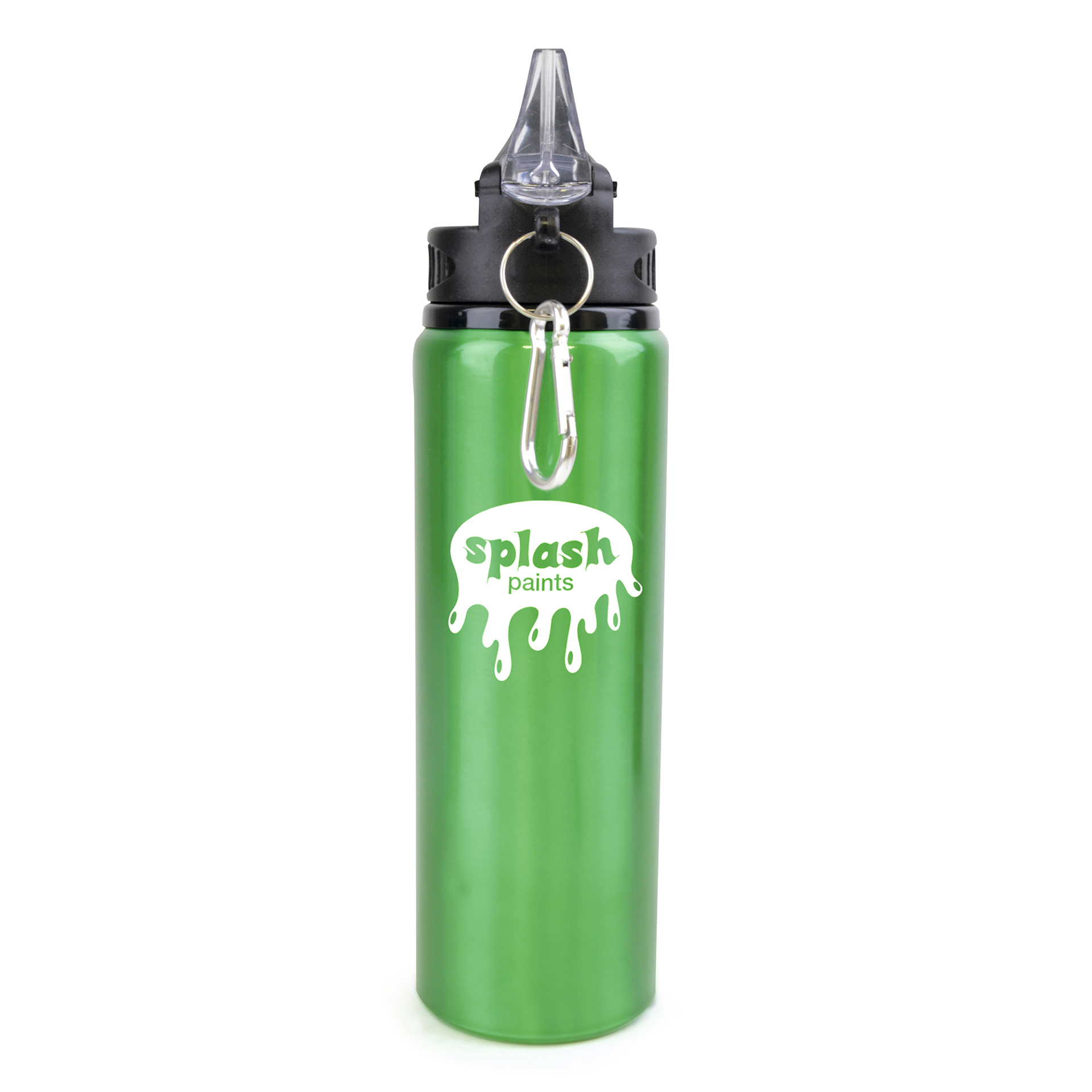Green promotional drinks bottle with company logo printed on the front