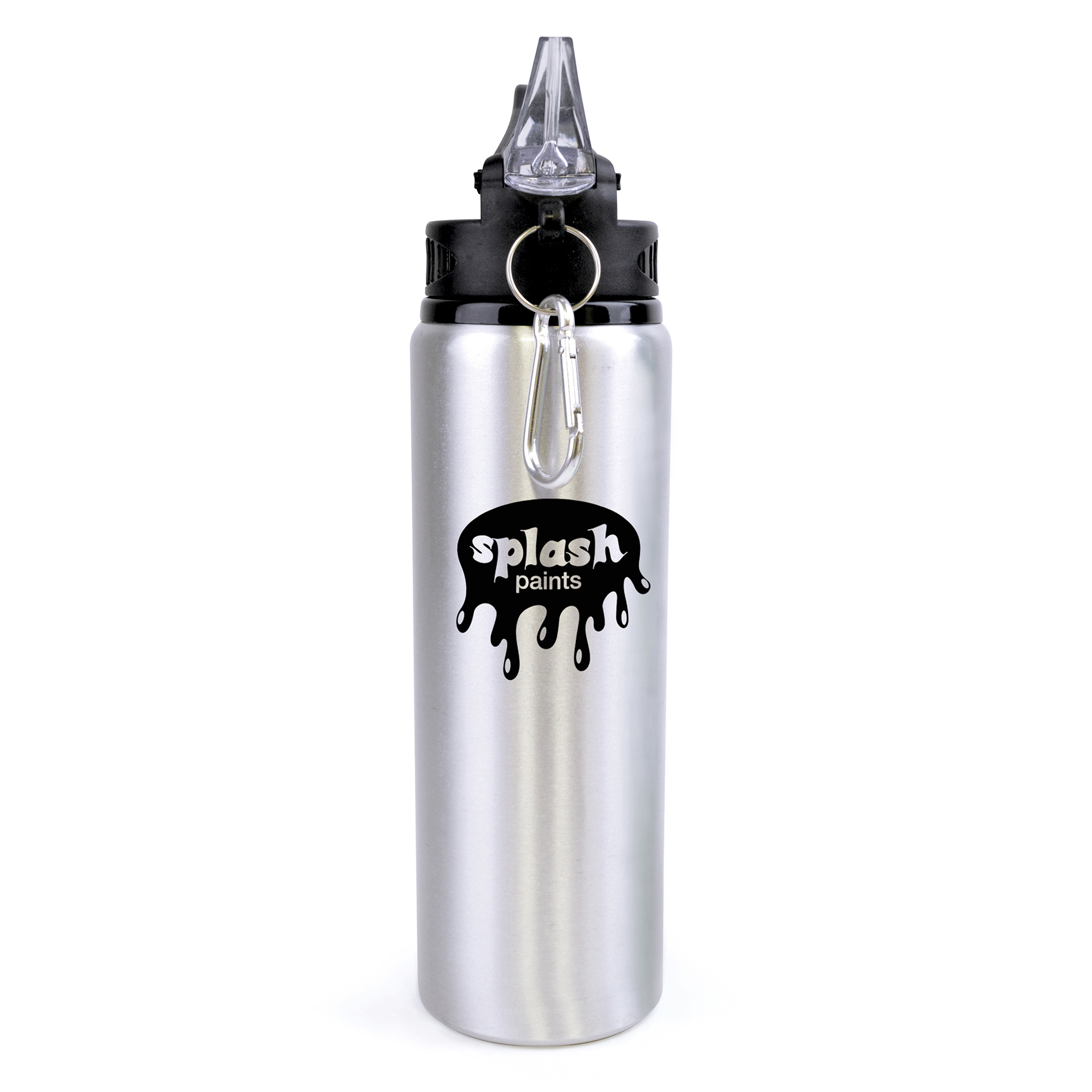Silver 800ml sports bottle with black lid advertising a company logo