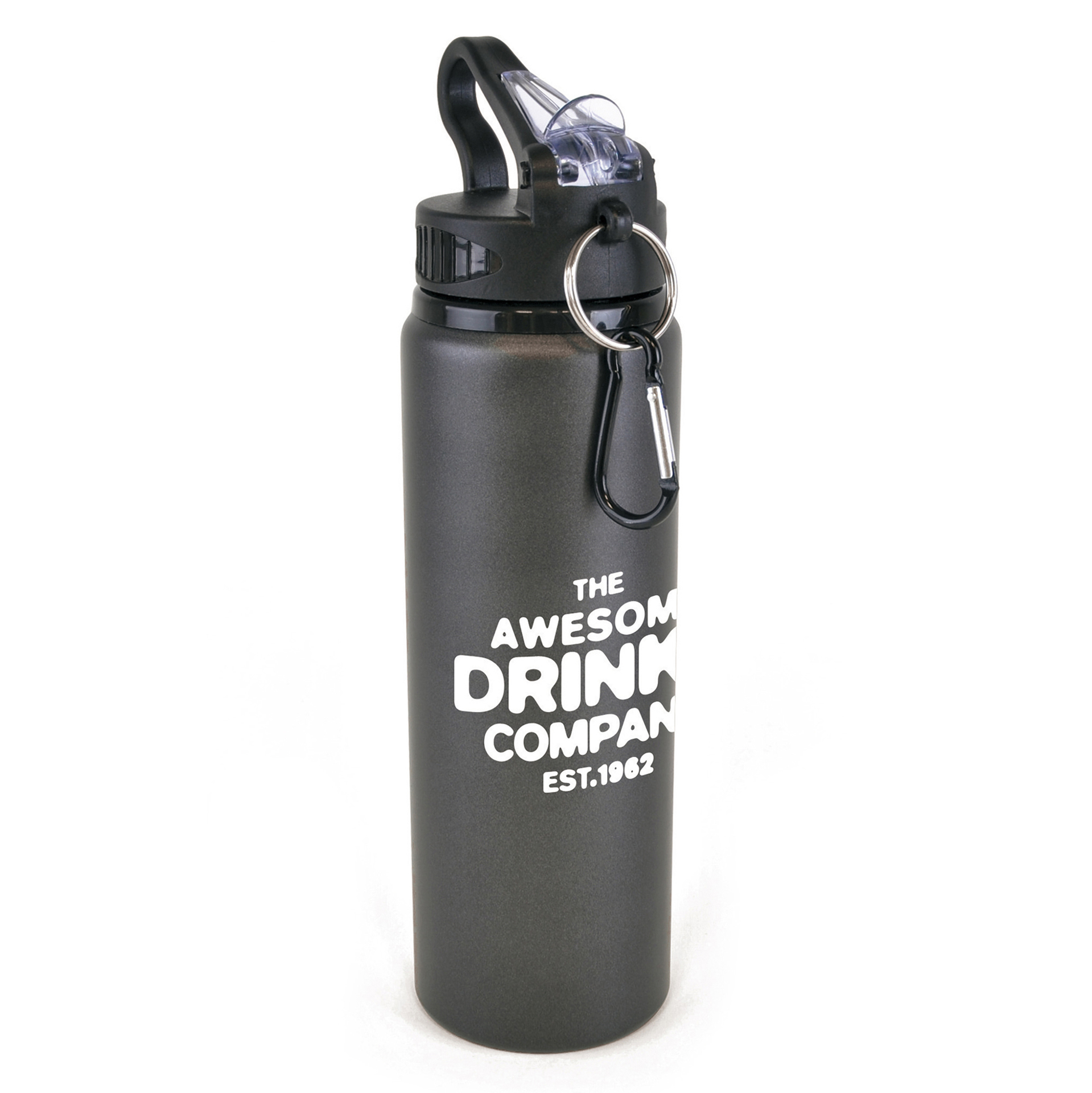 800ml Matt black metal drinks bottle with hook and built in straw