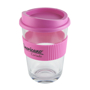 Reusable drinking cup in clear, with pink lid and grip