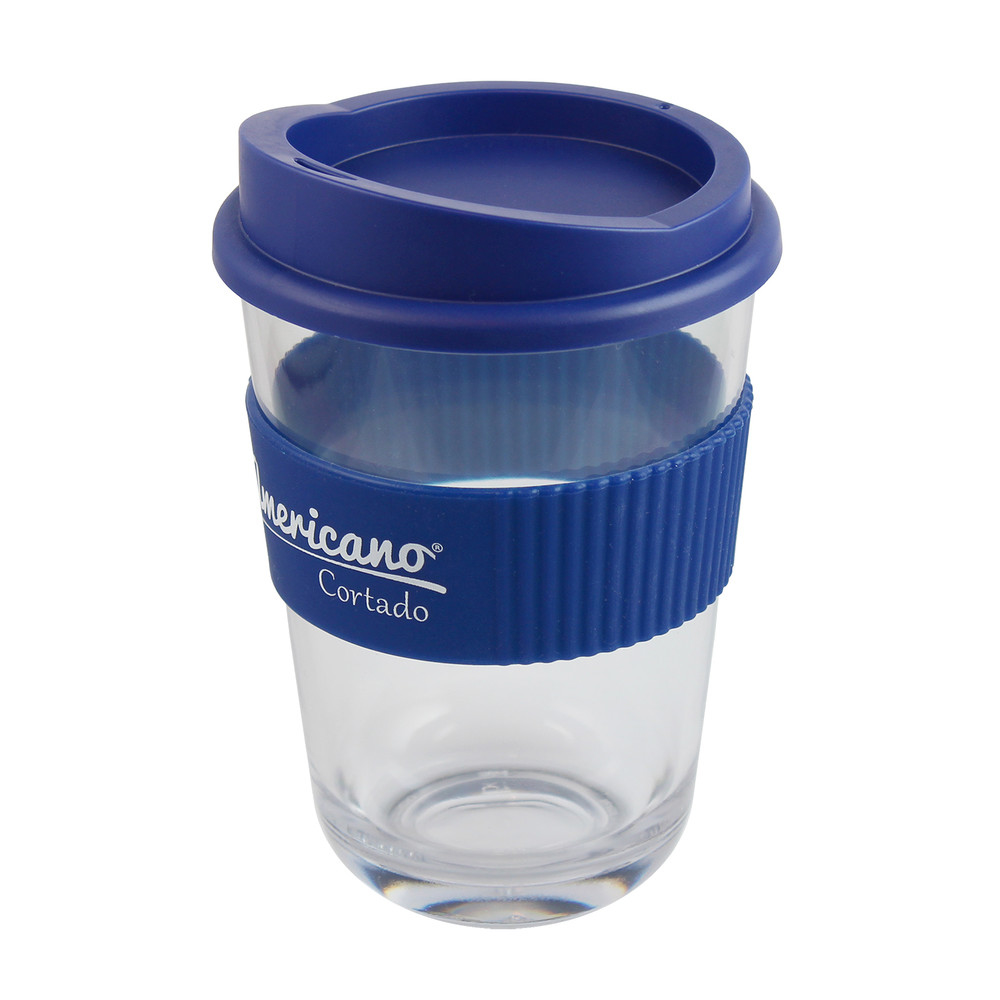 Company logo printed to the blue grip of a clear drinking cup, with matching blue lid