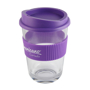Single walled on the go coffee tumbler with purple lid and matching grip