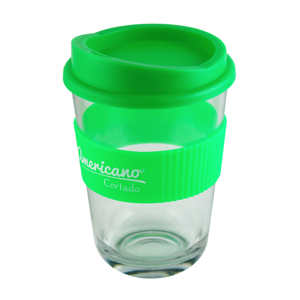 Reusable coffee cup in clear, with silicone grip and lid in green