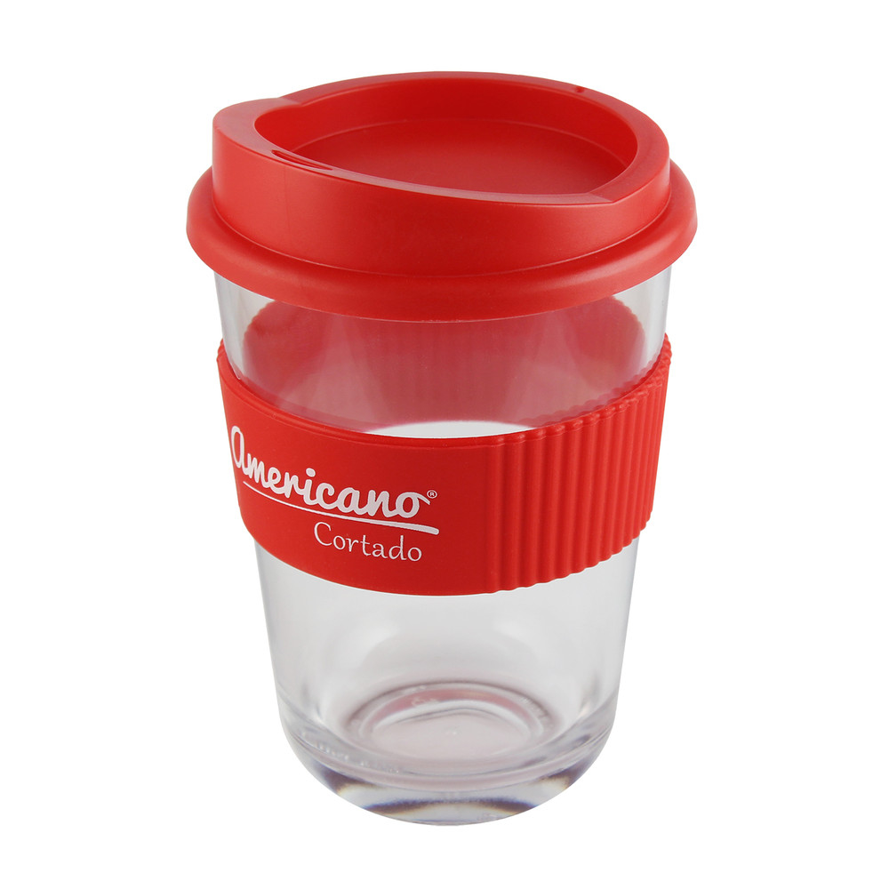 Promotional single walled tumbler, with red grip and lid