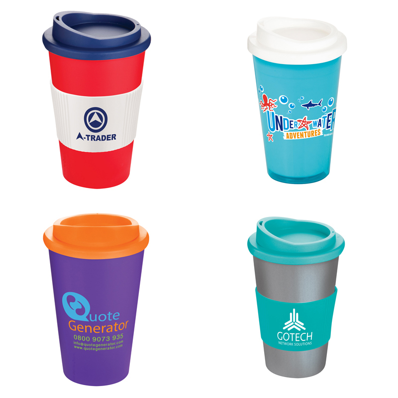 Promotional tumbler reusable travel mug in a range of colour combinations