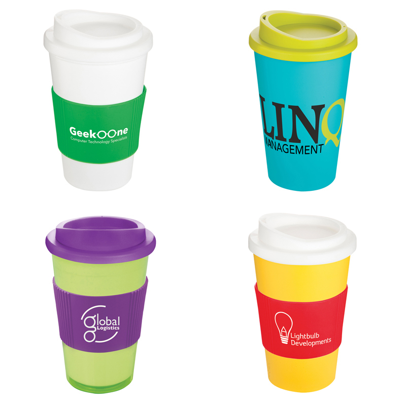 Branded travel mugs with company logo printed to the wrap around body, mix and match lids and silicone grips