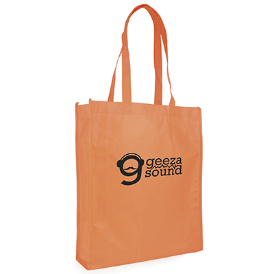 Large orange shopping bag with company logo printed to the front