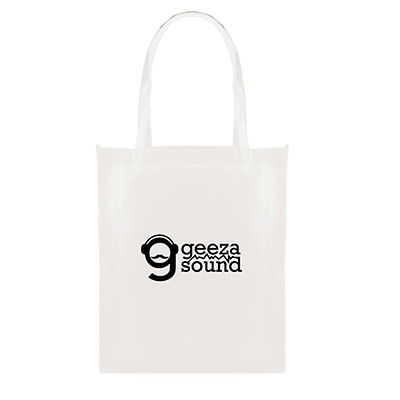 Reusable white shopper bag with black print to the front
