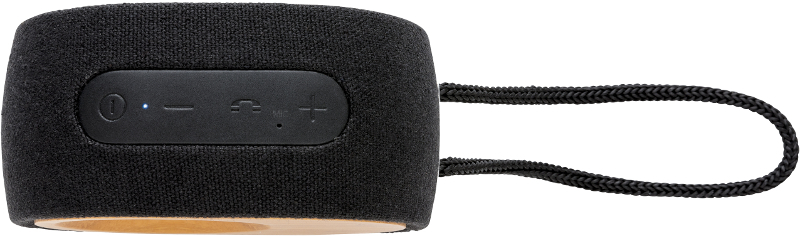 Bamboo X Eco Bluetooth Speaker in bamboo and black with black strap view of top with buttons