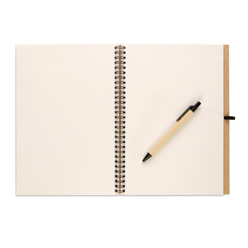 Bloquero Plus Notebook in brown with black elastic pen loop and black and brown pen showing blank pages