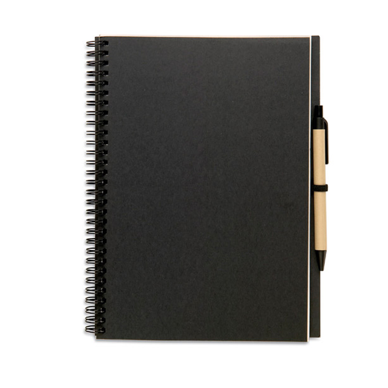 Bloquero Plus Notebook in black with black elastic pen loop and black and brown pen