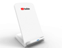 white wireless charging stand with a company logo printed on the front