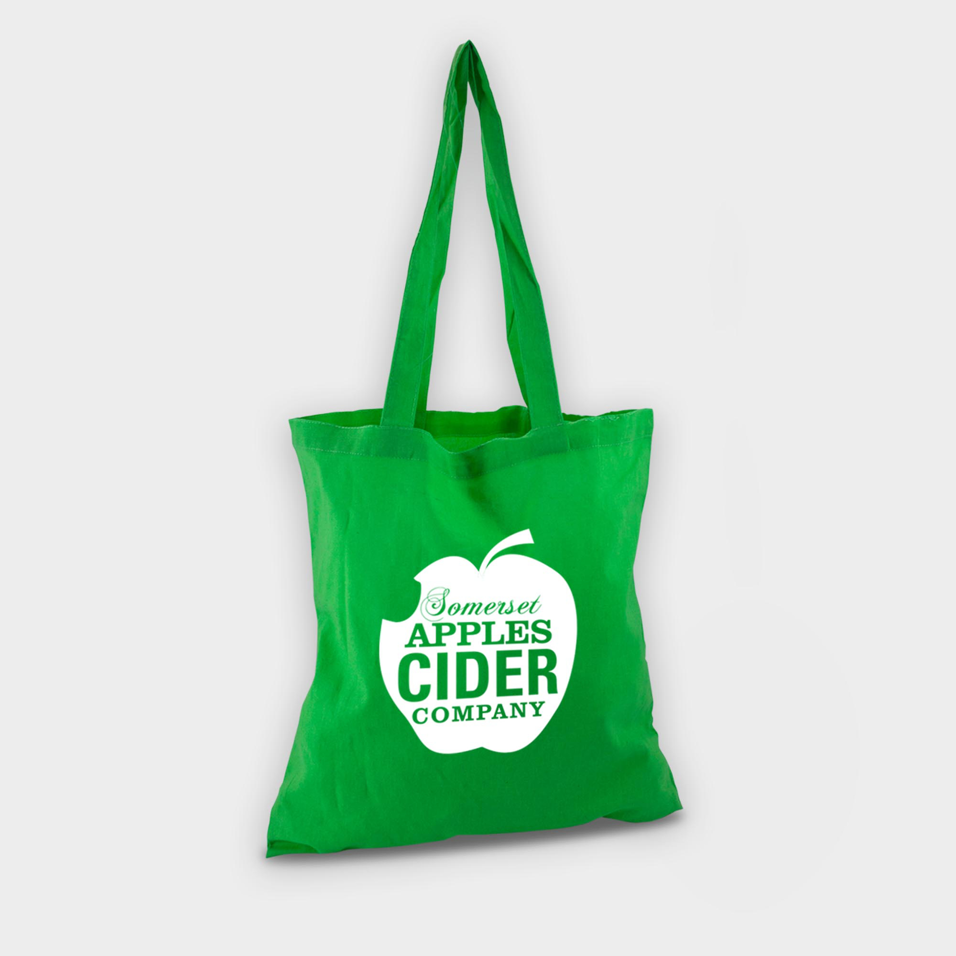 Green bag with long handles and logo printed in white