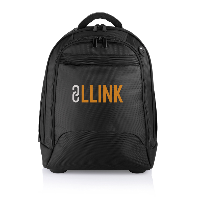 Black trolley case branded with a logo
