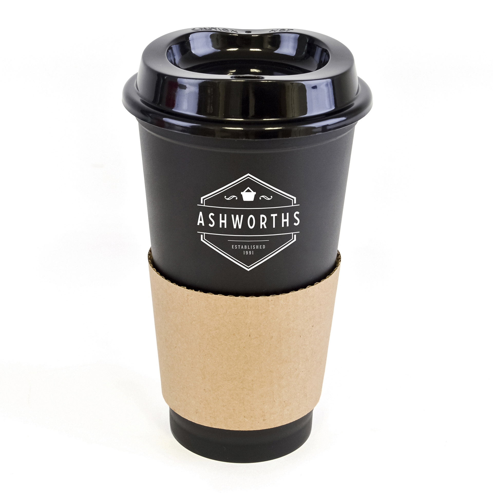plastic travel mug with cardboard sleeve in black