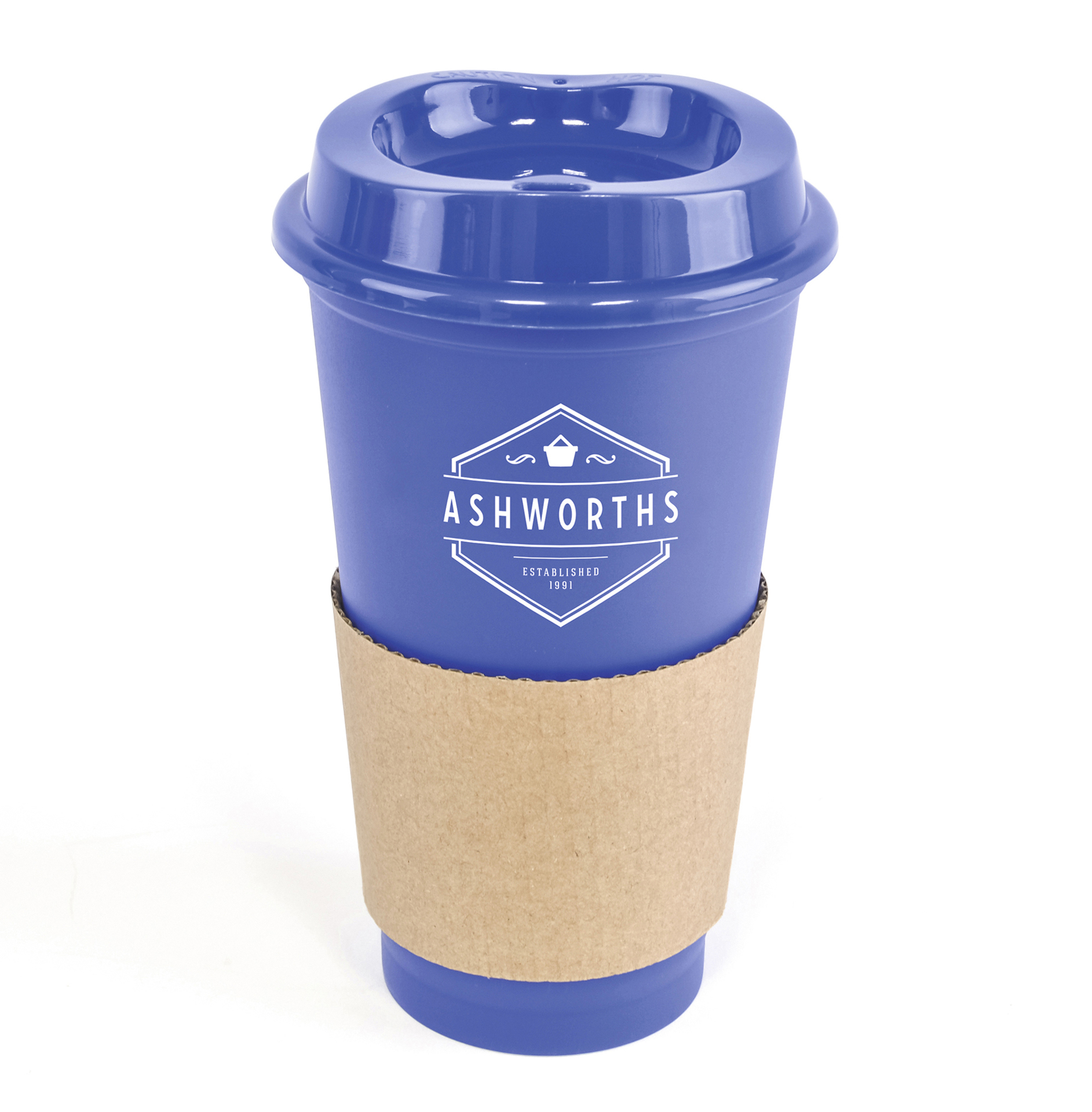 plastic travel mug with cardboard sleeve in blue