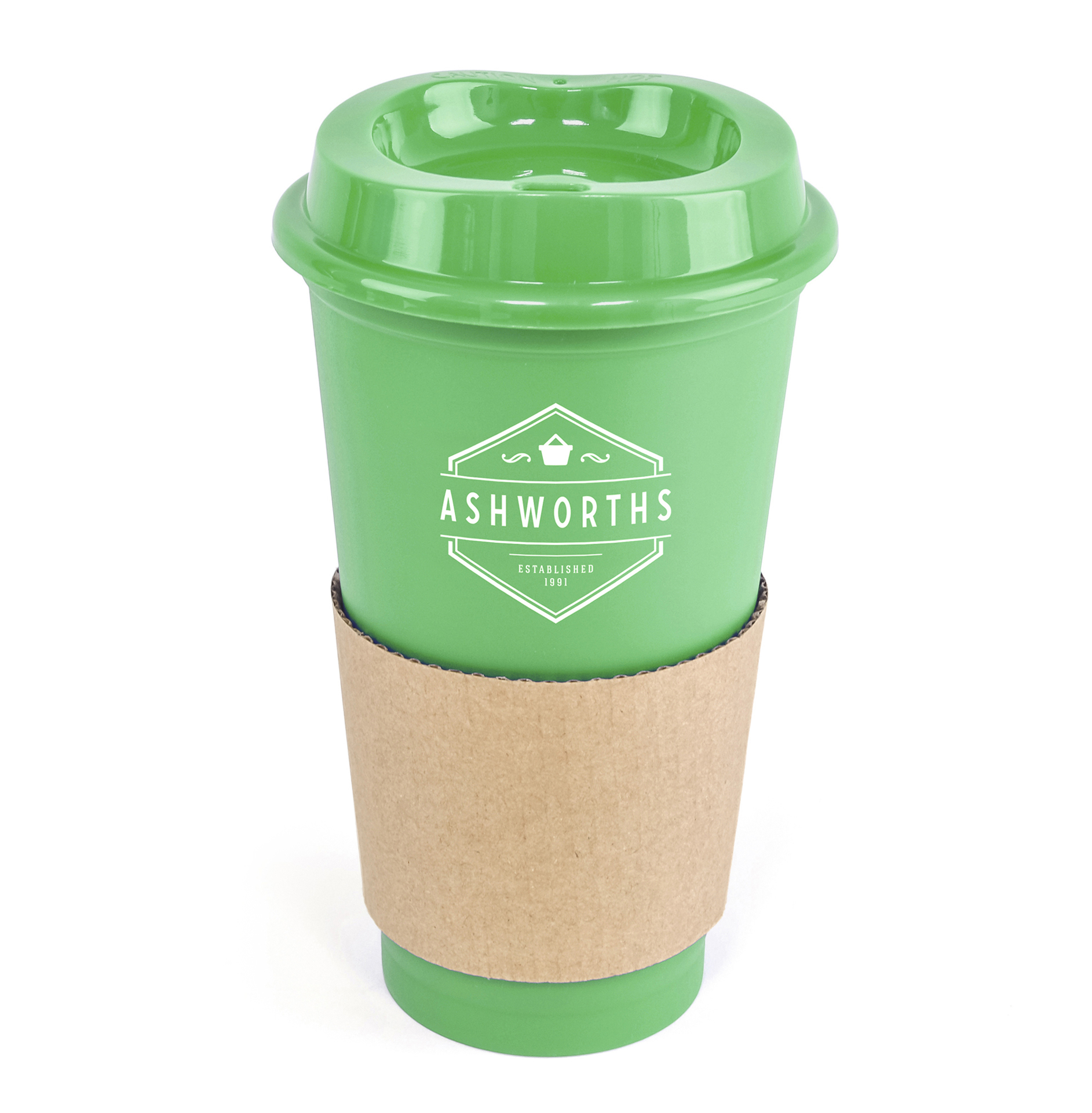 plastic travel mug with cardboard sleeve in green