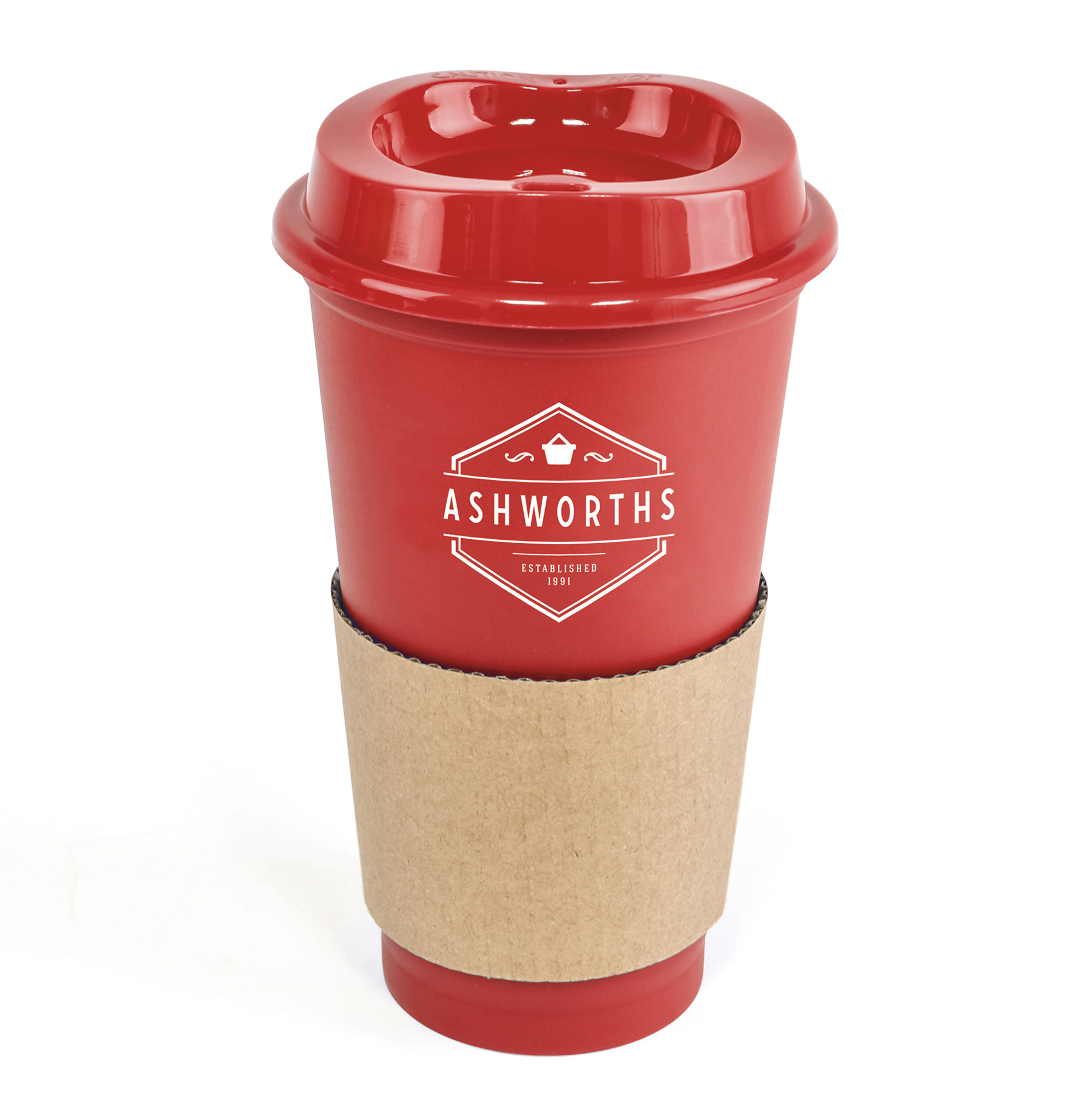 plastic travel mug with cardboard sleeve in red