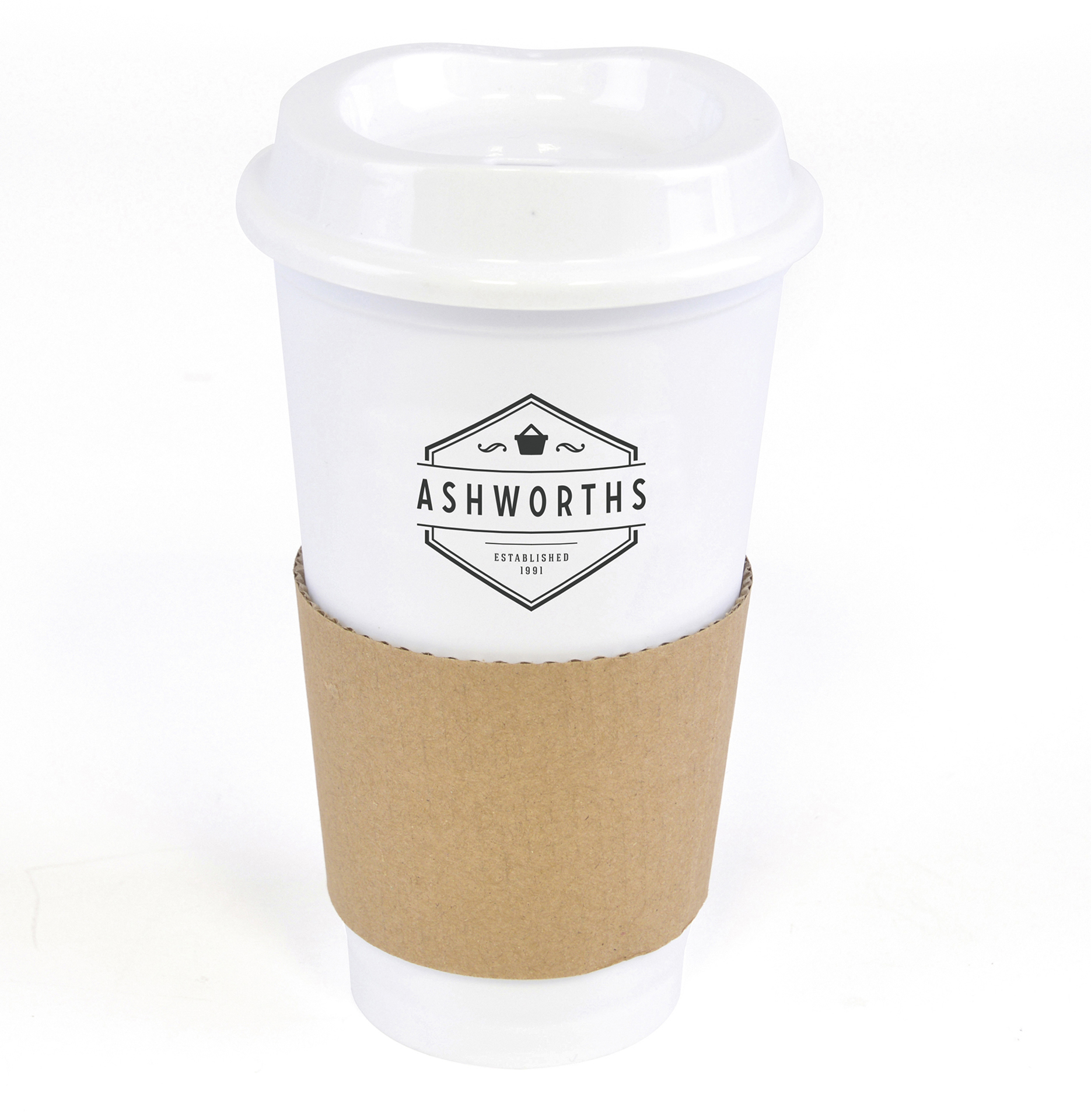 plastic travel mug with cardboard sleeve in white