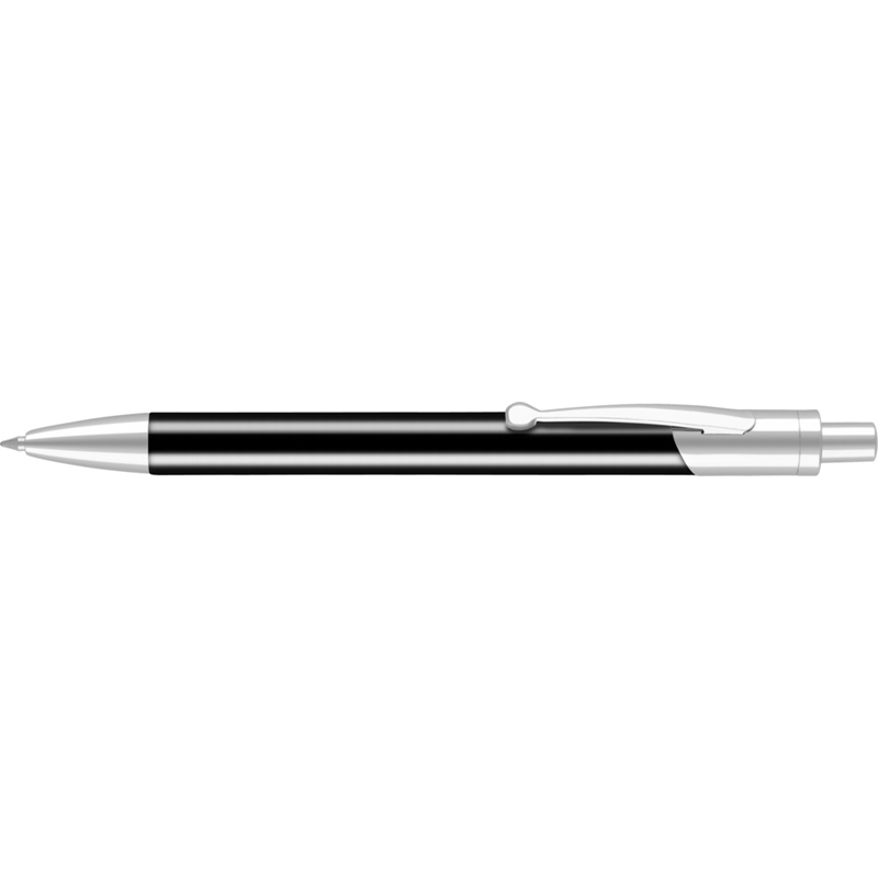 plastic pen with black body, white clip and nose cone