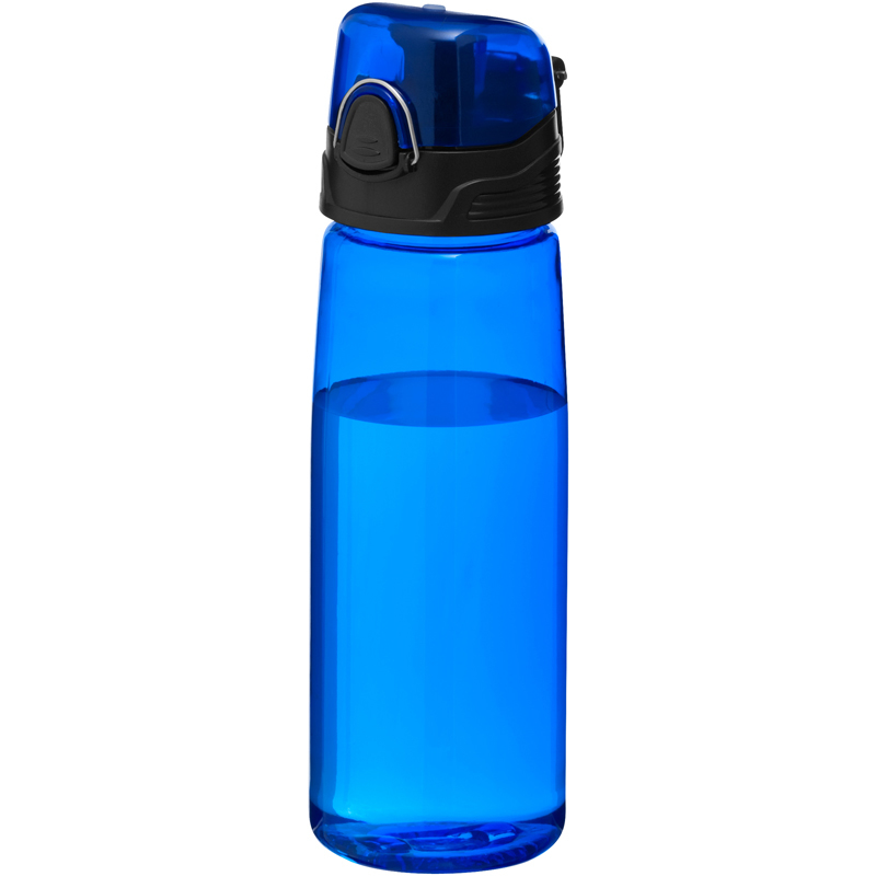Transparent blue sports bottle with black screw lid