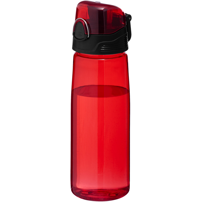 Transparent red sports bottle with black screw lid