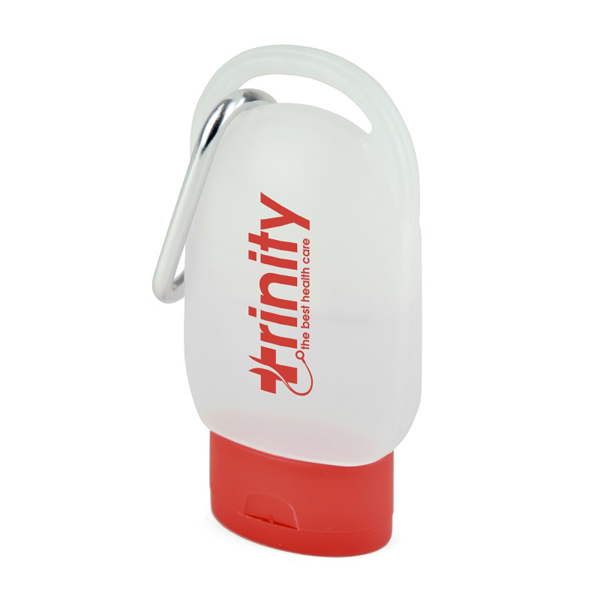 carabiner hand sanitiser with red lid and silver carabiner clip