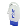 carabiner hand sanitiser with a blue lid and branding and silver carabiner clip to the top