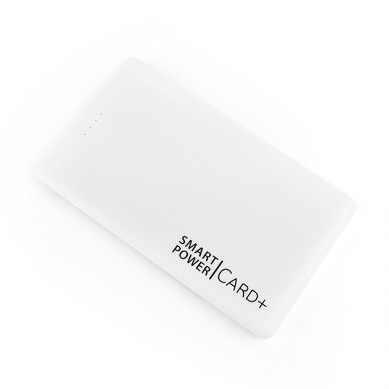 White flat power bank with print to one side