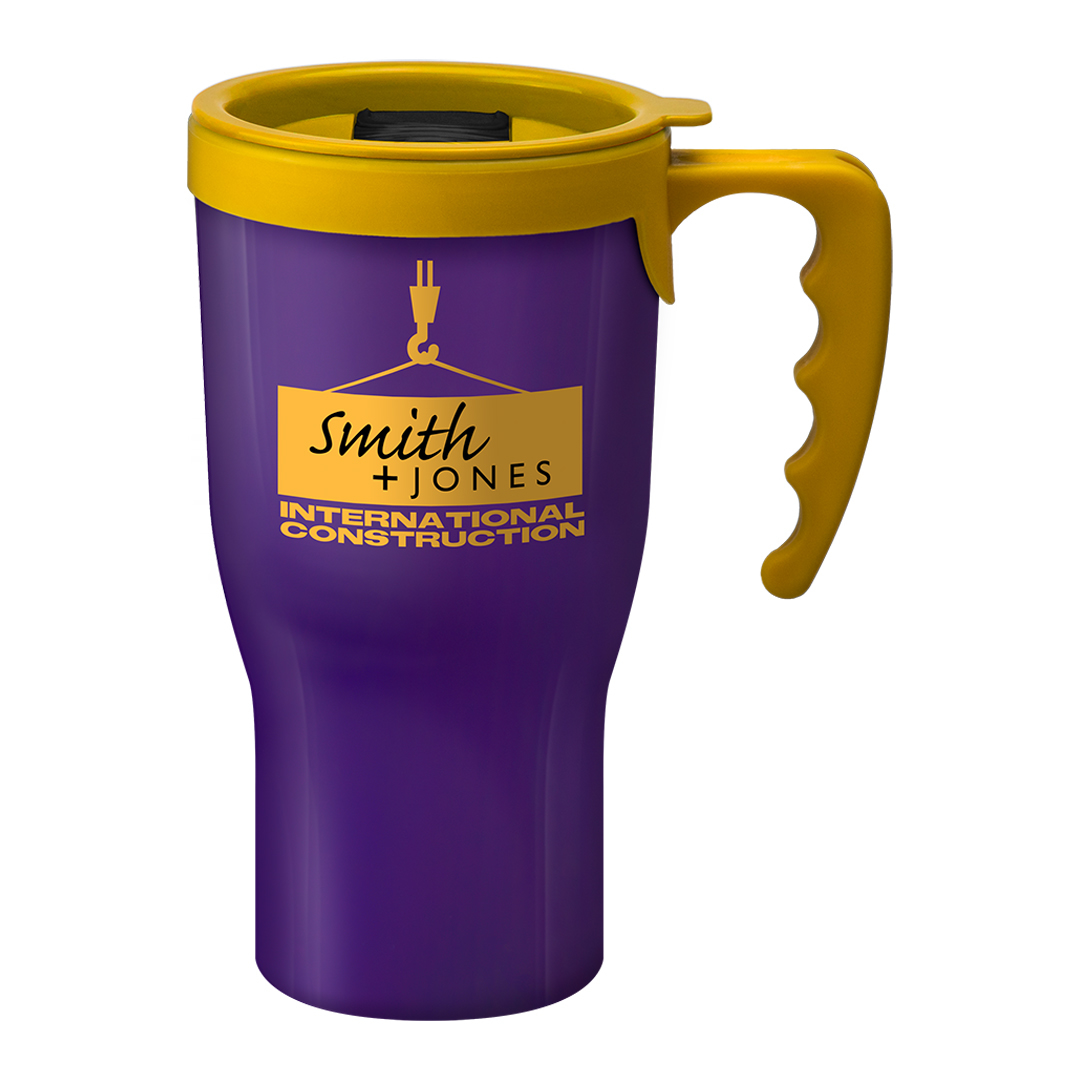 Branded 350ml travel mug in purple with yellow lid trim and handle