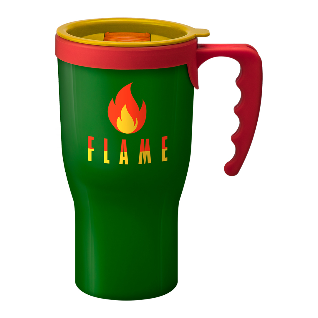 Tall green reusable coffee mug with red handle and lid trim