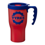 Red reusable travel mug with navy handle and lid trim