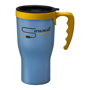 Reusable 350ml travel mug in blue with yellow handle and lid trim
