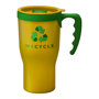 Yellow 350ml coffee travel mug with green handle and lid trim