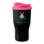 Promotional tall travel tumbler in black with pink lid